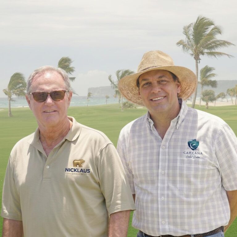 Jack Nicklaus and Ricardo Hazoury standing outdoors during the early development years of Cap Cana in the Dominican Republic.