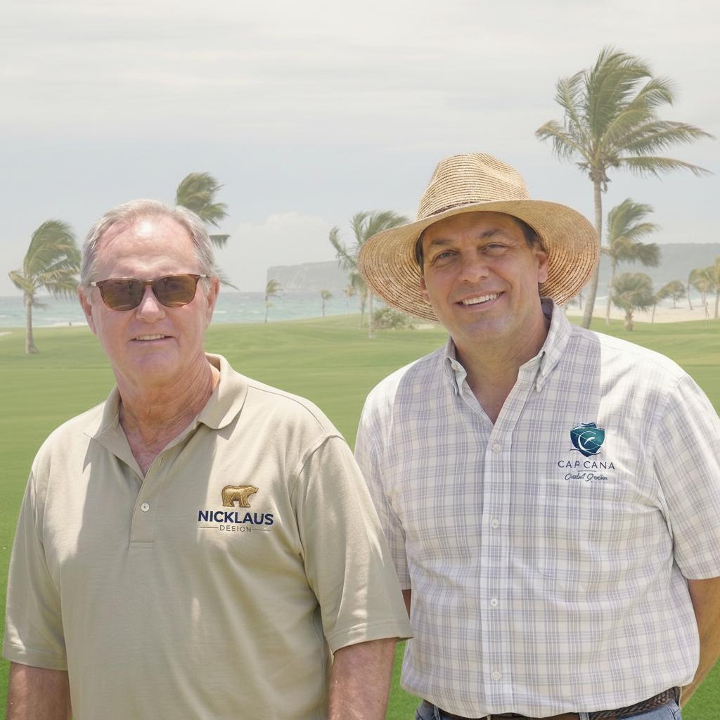 Jack Nicklaus and Ricardo Hazoury standing outdoors during the early development years of Cap Cana in the Dominican Republic.