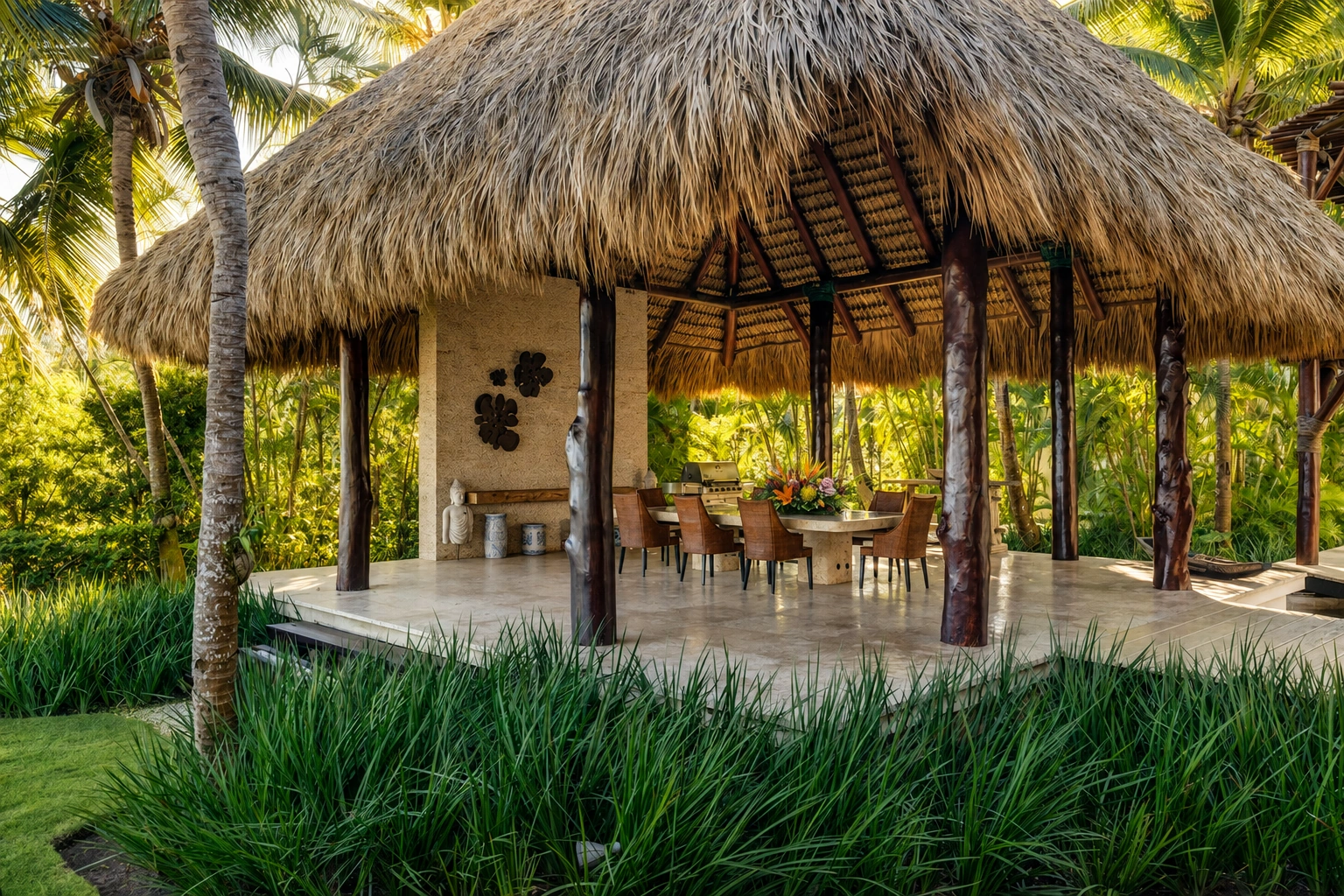 Thatched open-air dining pavilion with a round table and wicker chairs amid tropical plants and palm trees