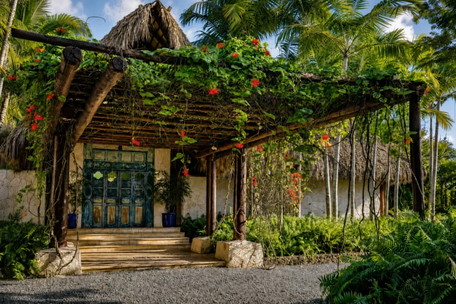 Rustic tropical porch with blue weathered doors, stone steps, and lush vines with red flowers under a thatched roof.