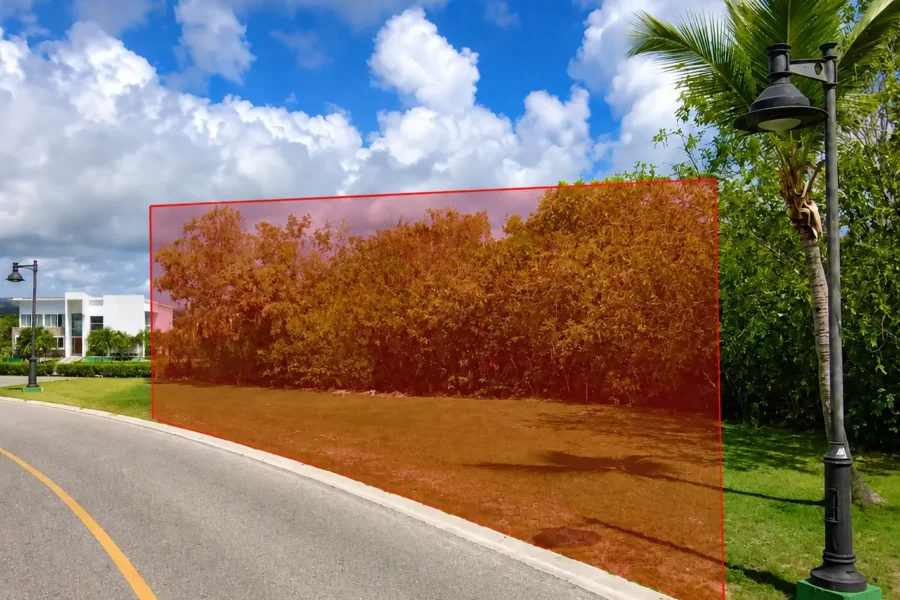 Roadside view with a large orange translucent rectangle outlining a dense shrub area beside a sidewalk and lamp post, in a suburban development.",