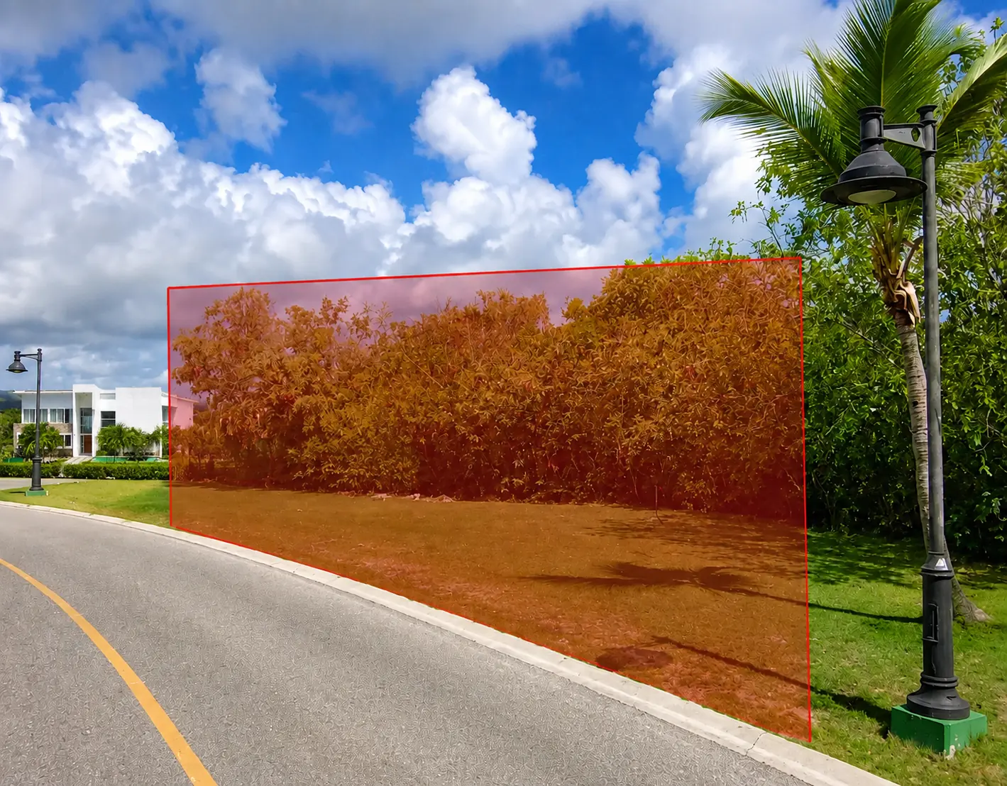 Roadside view with a large orange translucent rectangle outlining a dense shrub area beside a sidewalk and lamp post, in a suburban development.",