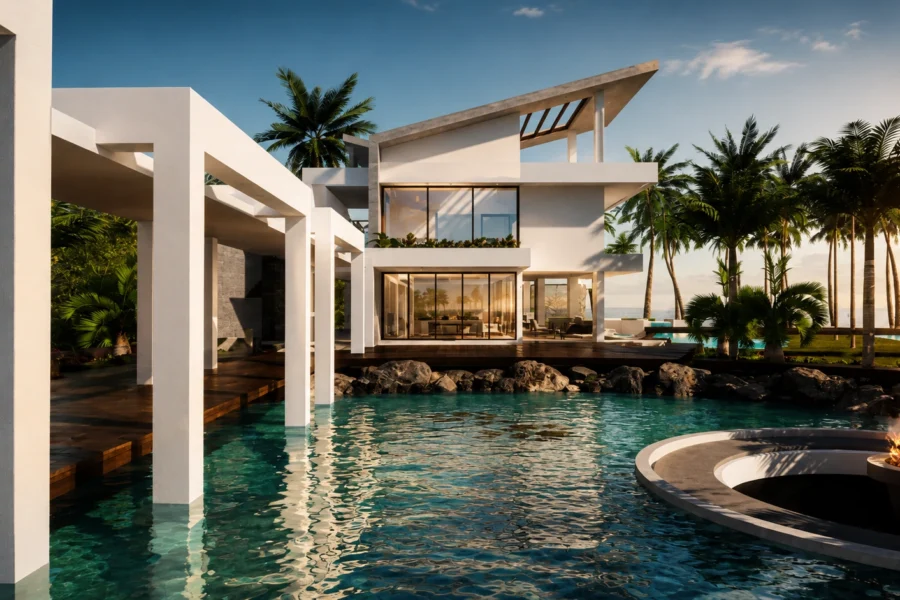 Modern white villa by a turquoise pool, with palm trees and a circular fire pit on the right, at sunset profile.
