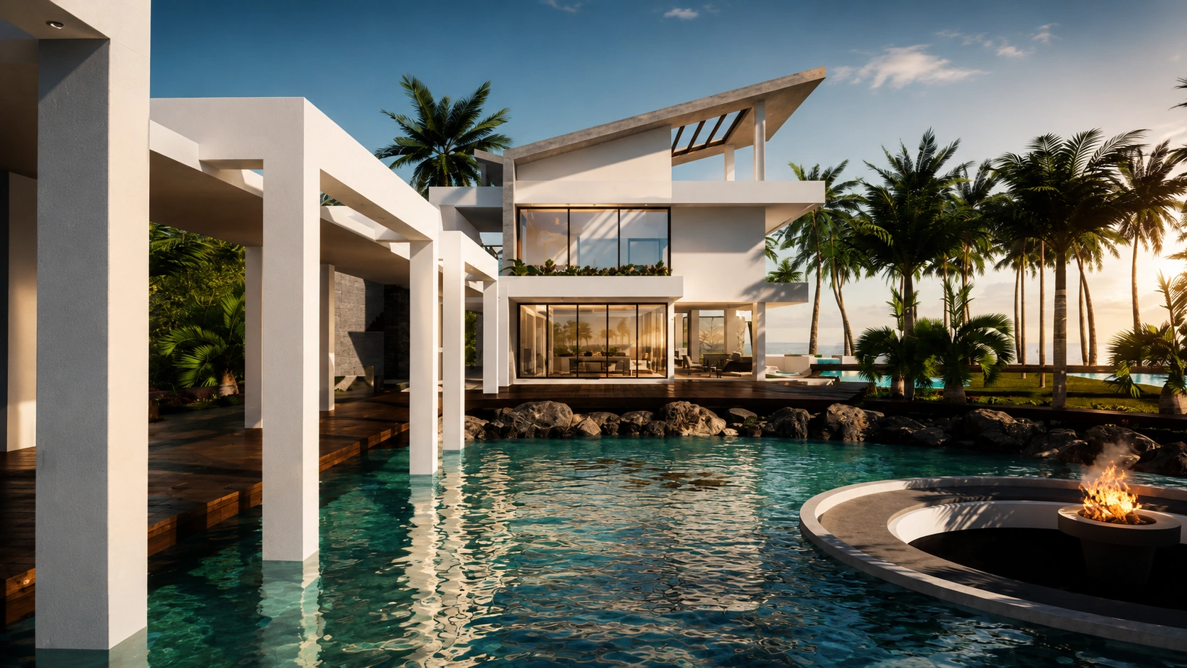 Modern white villa by a turquoise pool, with palm trees and a circular fire pit on the right, at sunset profile.