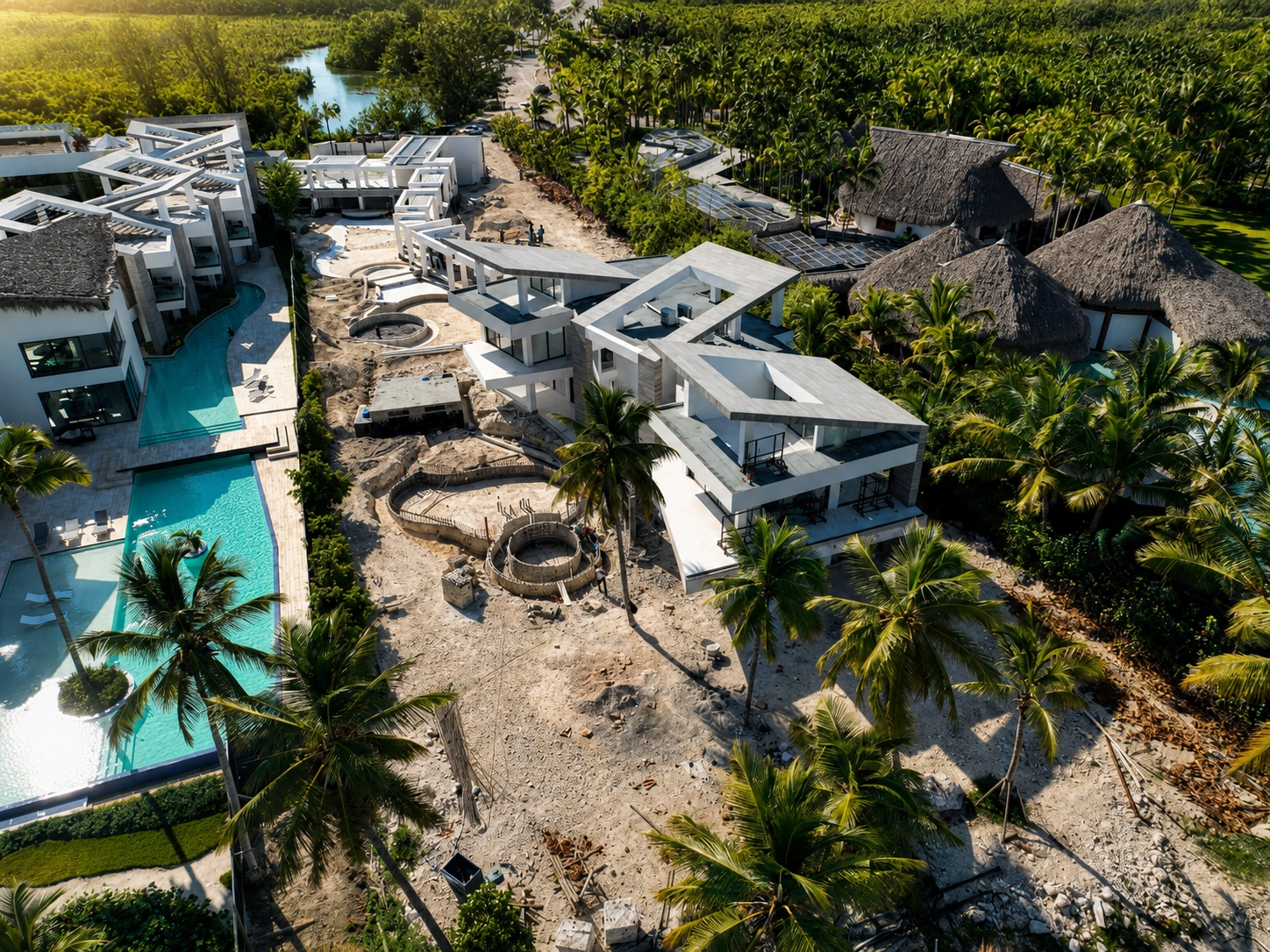 Aerial view of a tropical resort under construction with modern white villas, pools, and palm trees nearby.