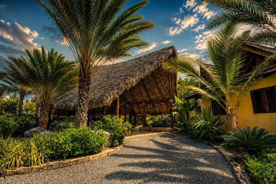 Tropical resort walkway under a thatched palapa roof, surrounded by palm trees and lush tropical plants.