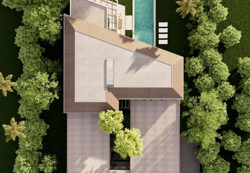 Aerial view of a modern house with a rectangular turquoise pool in the backyard, surrounded by green lawn and trees.