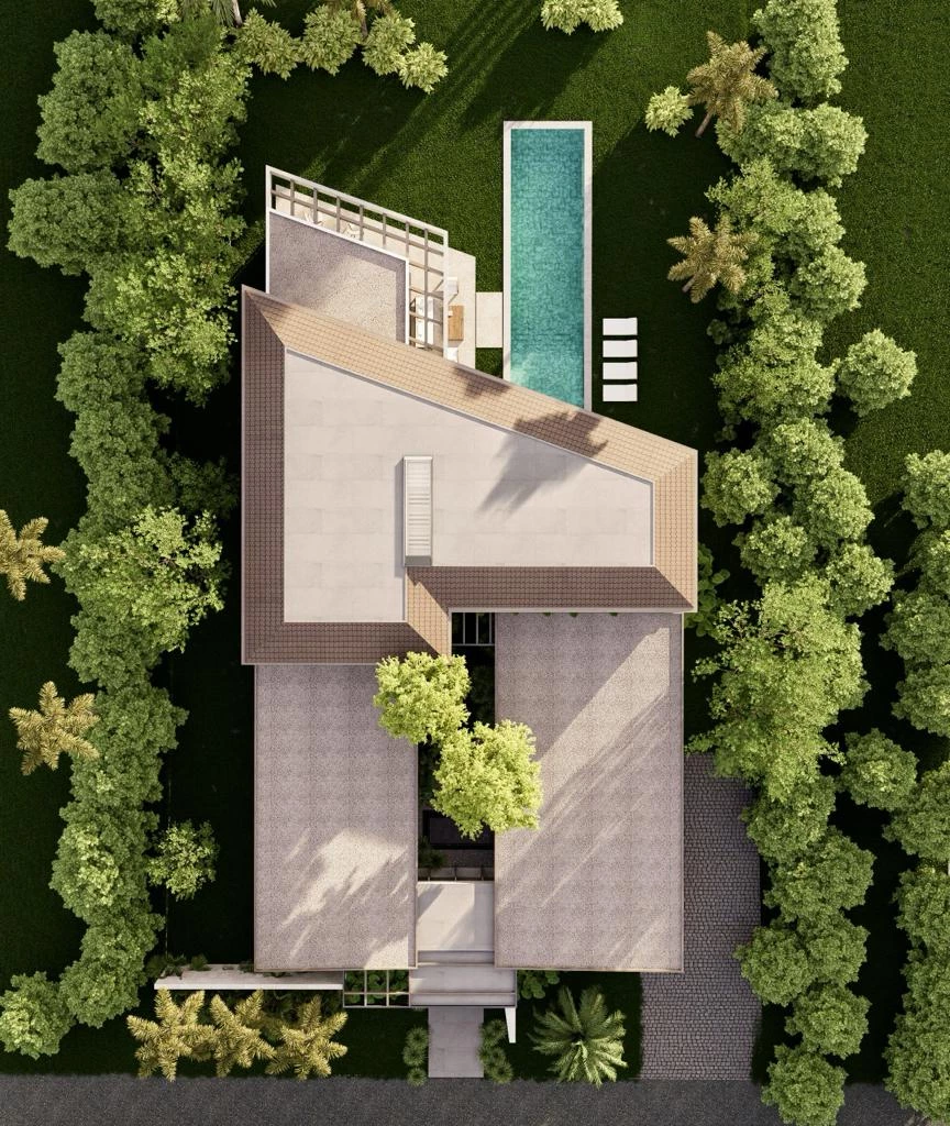 Aerial view of a modern house with a rectangular turquoise pool in the backyard, surrounded by green lawn and trees.